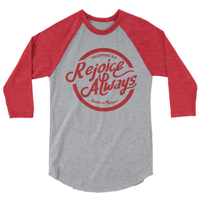 Rejoice Always - Unisex 3/4 Sleeve Raglan Baseball Tee-Heather Grey/Heather Red-XS-Made In Agapé