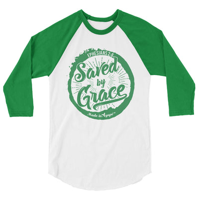 Saved By Grace - Unisex 3/4 Sleeve Raglan Baseball Tee-White/Kelly-XS-Made In Agapé