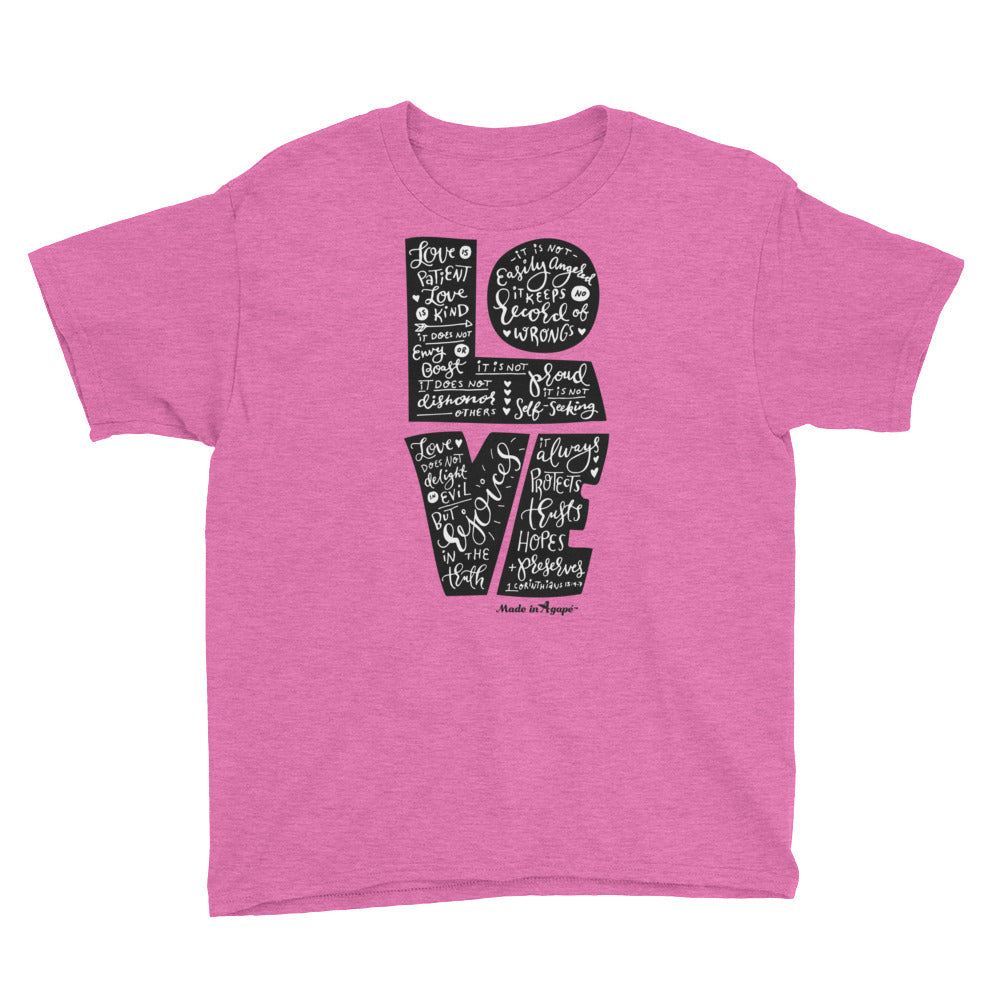 LOVE is Patient - Youth Short Sleeve Tee-Heather Hot Pink-XS-Made In Agapé