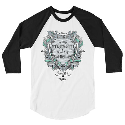 Lord Is My Strength And Shield - Unisex 3/4 Sleeve Raglan Baseball Tee-White/Black-XS-Made In Agapé