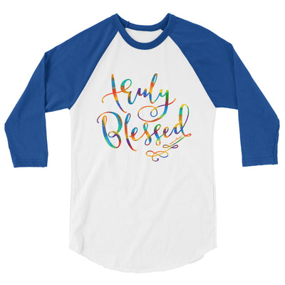 Truly Blessed - Unisex 3/4 Sleeve Raglan Baseball Tee-White/Royal-XS-Made In Agapé