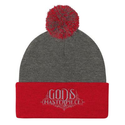 God's Masterpiece - Pom Pom Knit Beanie-Dark Heather Grey/ Red-Made In Agapé
